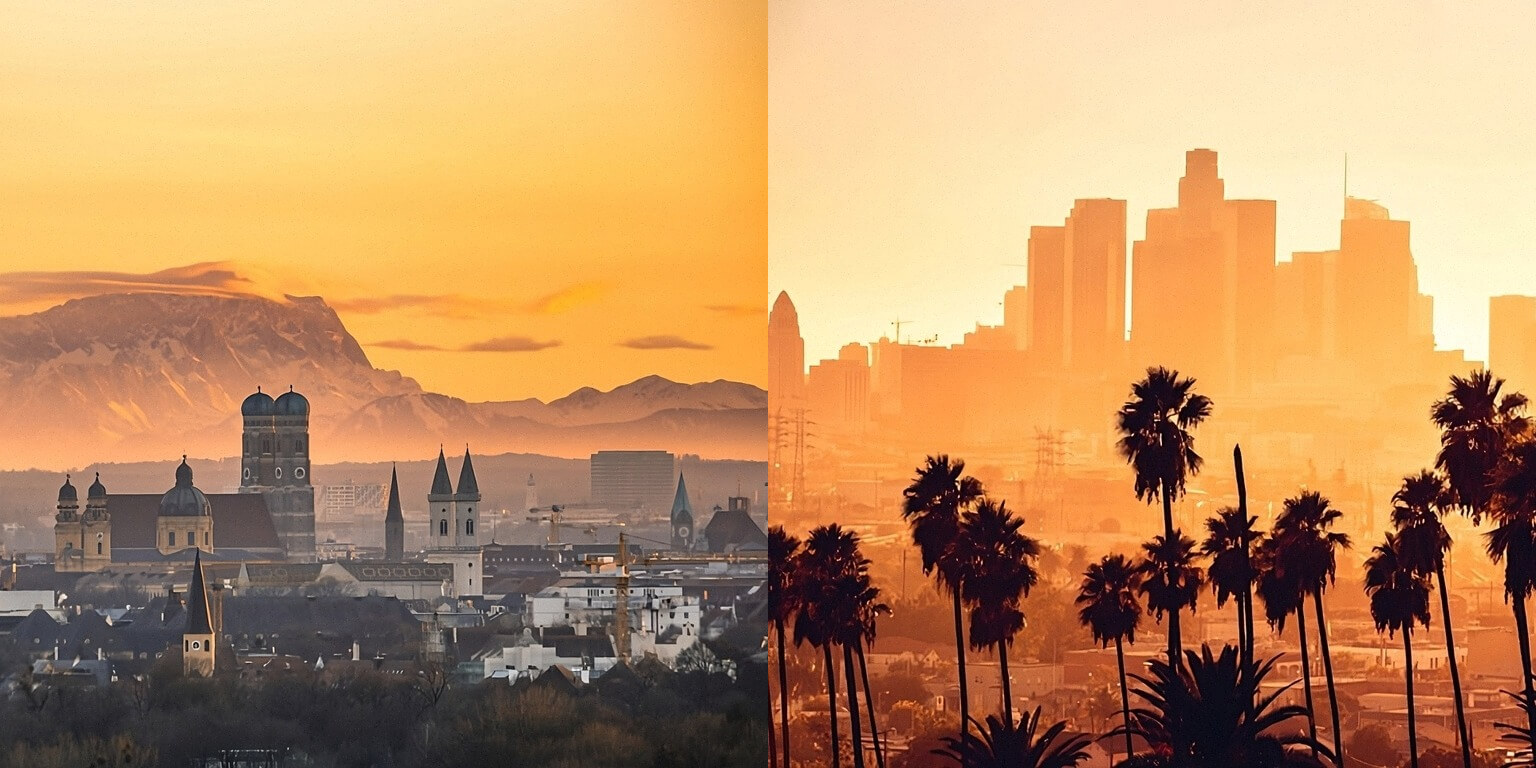 München & Los Angeles Skyline Herobild Horizontal · Die Standorte von Roski & Partner Rechtsanwälte